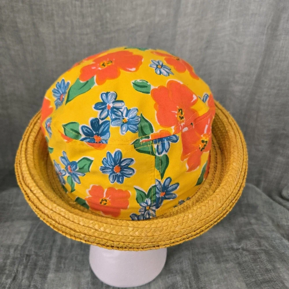 Women's Hat Yellow Rolled Straw Brim w/ Floral 100% Cotton Fabric Crown Size S/M
